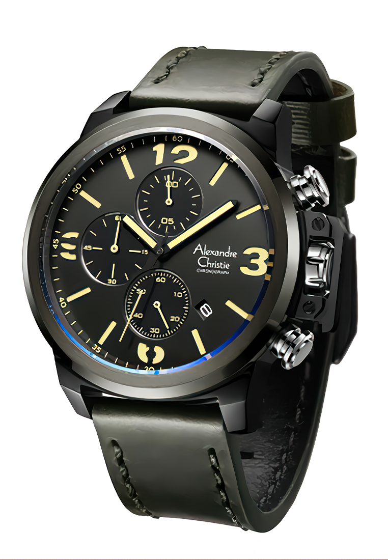 Alexandre Christie - Jam Tangan Cronograph Pria - Black Dial - Black Leather Strap - 6280MCLBGBAIV