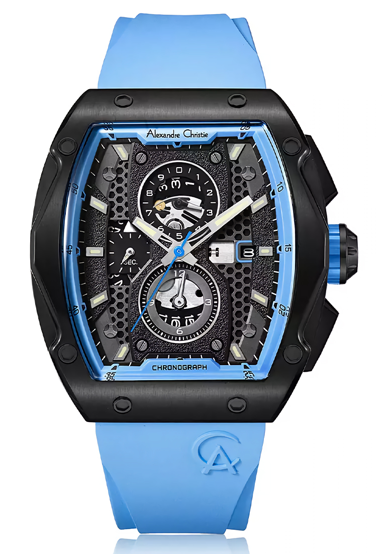 Alexandre Christie - Jam Tangan Chronograph Pria - Black - Light Blue Rubber Strap - 6608 MCRIPBALB