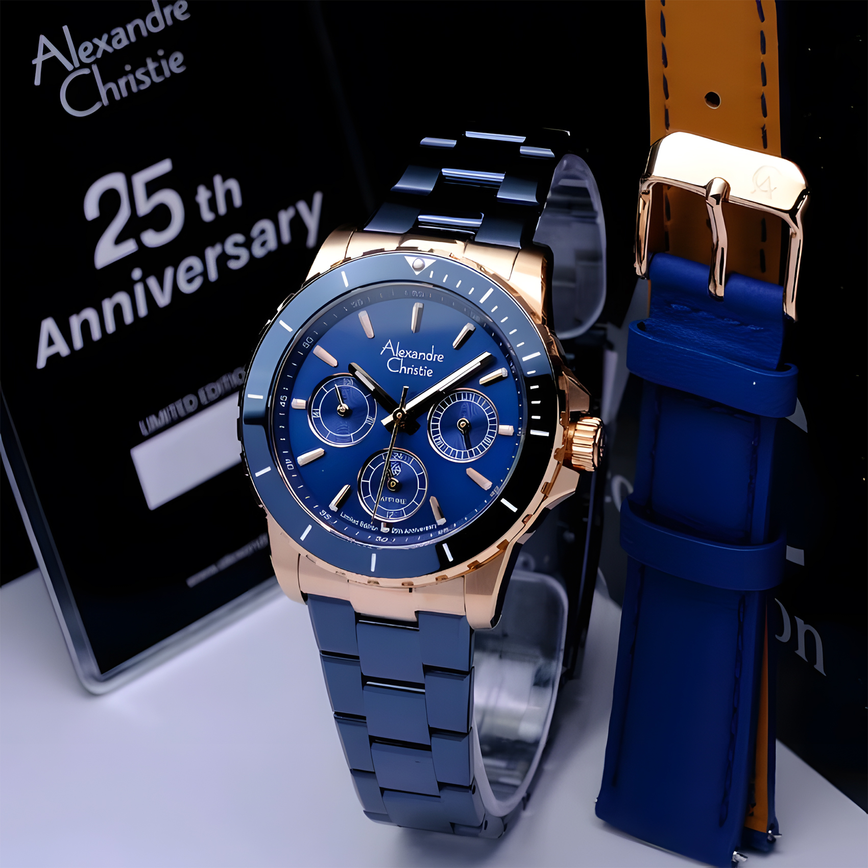 Alexandre Christie 25th ANNIVERSARY Limited Edition - Jam Tangan Chronograph Wanita - Blue Rose Gold