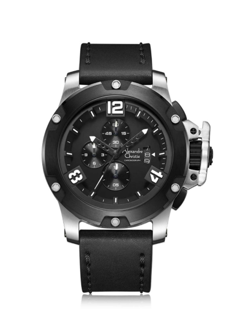 Alexandre Christie Jam Tangan Pria - Black Silver - Leather Strap - 6295 MCLTBBA