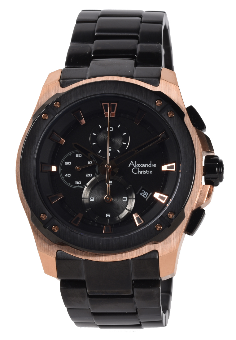 Alexandre Christie - Jam Tangan Chronograph Pria - Rosegold - Black Stainless Steel Bracelet - 6595 