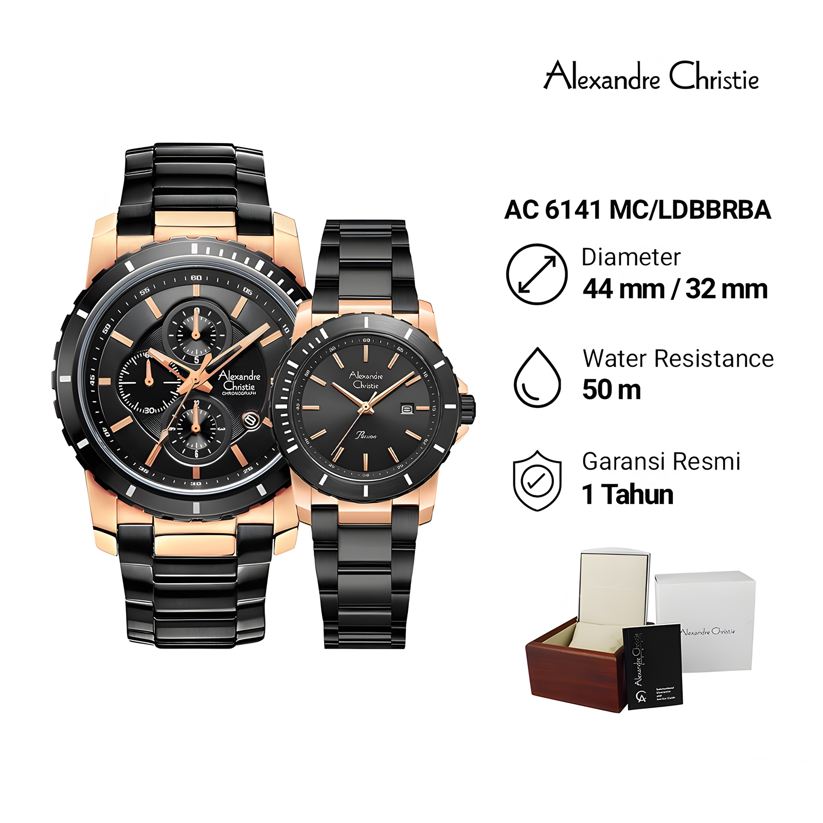 Alexandre Christie Jam Tangan Couple Pria Wanita - Sport Series - Rose Gold Black - Stainless Steel 