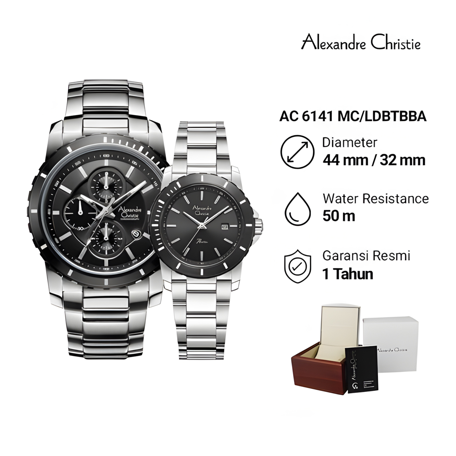 Alexandre Christie Jam Tangan Couple Pria Wanita - Sport Series - Silver Black - Stainless Steel - 6