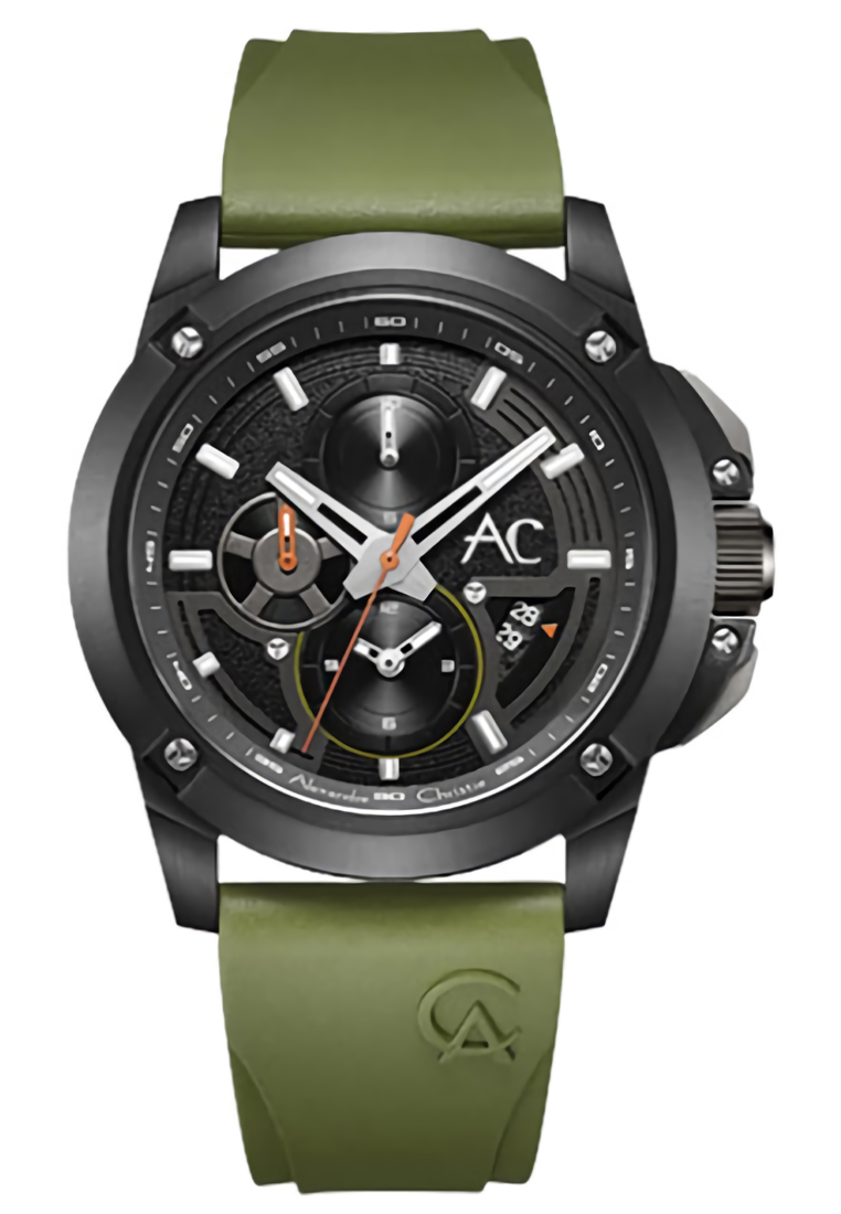Alexandre Christie - Jam Tangan Chronograph Pria - Black - Green Rubber Strap - 9602 MCRIPBAGN