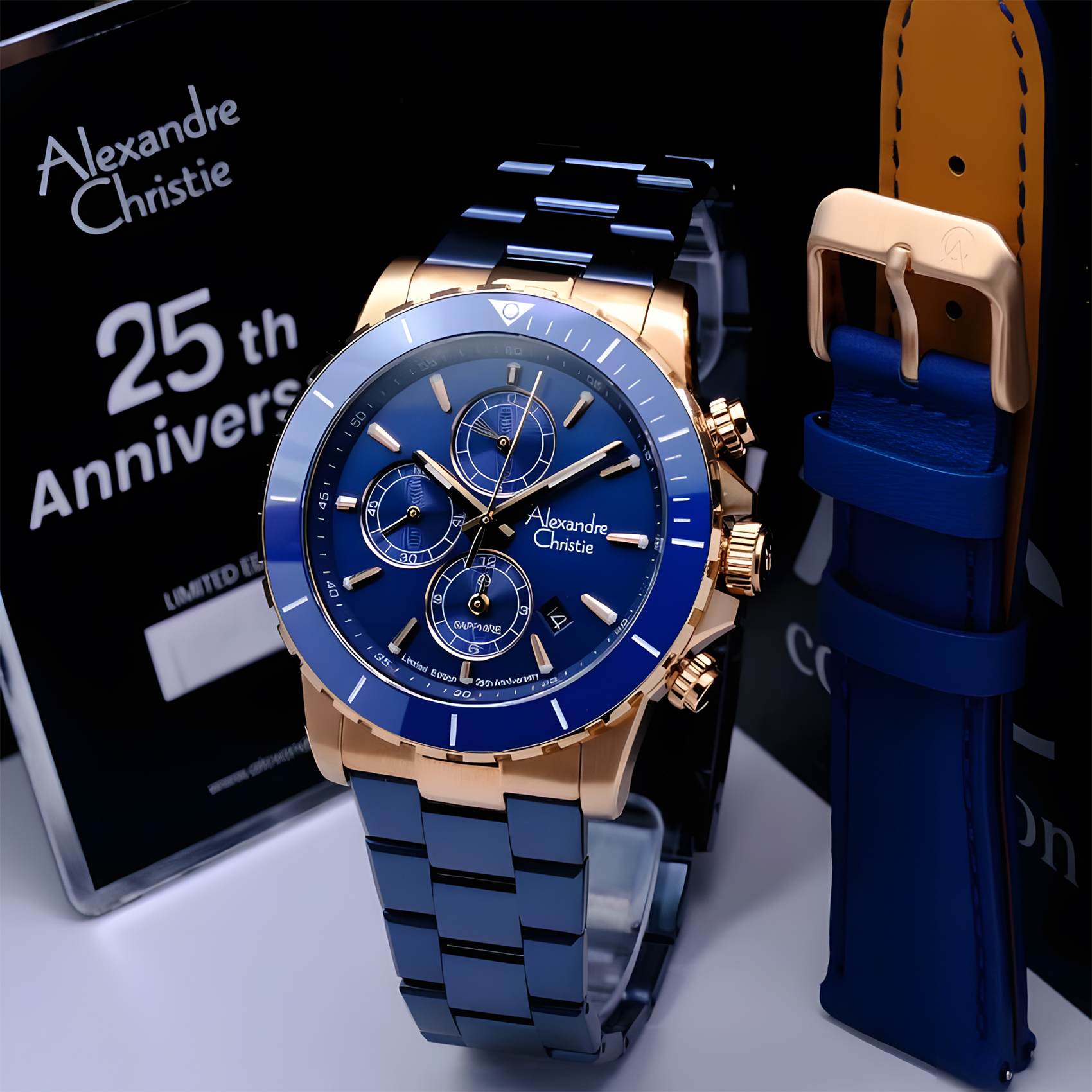 Alexandre Christie 25th ANNIVERSARY Limited Edition - Jam Tangan Chronograph Pria - Blue Rose Gold -