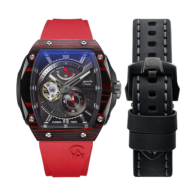 Jam Tangan Alexandre Christie AC 6608 MA REPBARE Automatic Open Heart Dial Red Rubber Strap