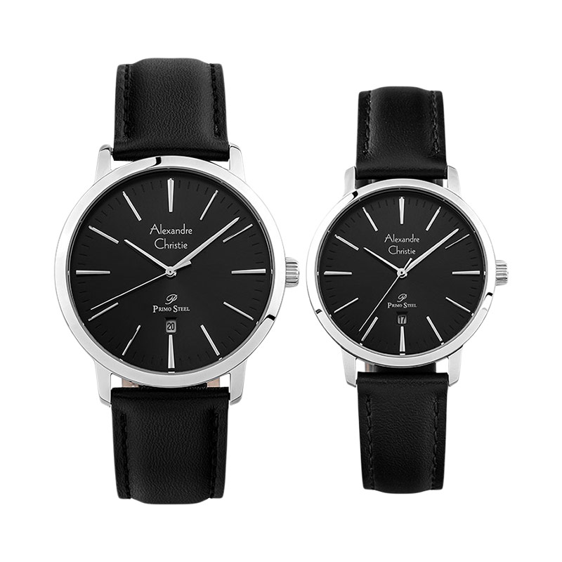 Alexandre Christie Jam Tangan Couple Alexandre Christie AC 1028 LSSBA Couple Black Dial Black Leathe