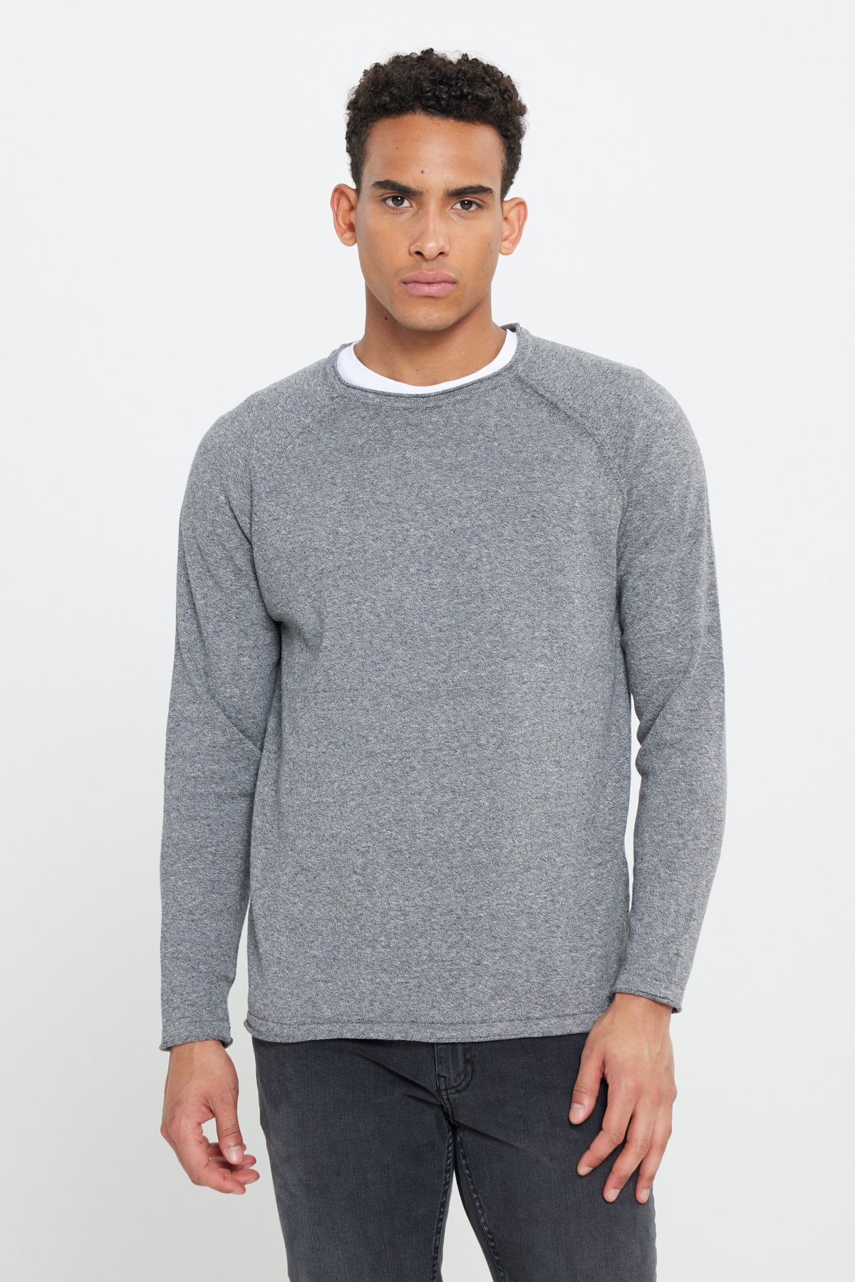 Altinyildiz Gray-Ecru Standard Fit Regular Cut Crew Neck Cotton Muline Patterned Knitwear Sweater