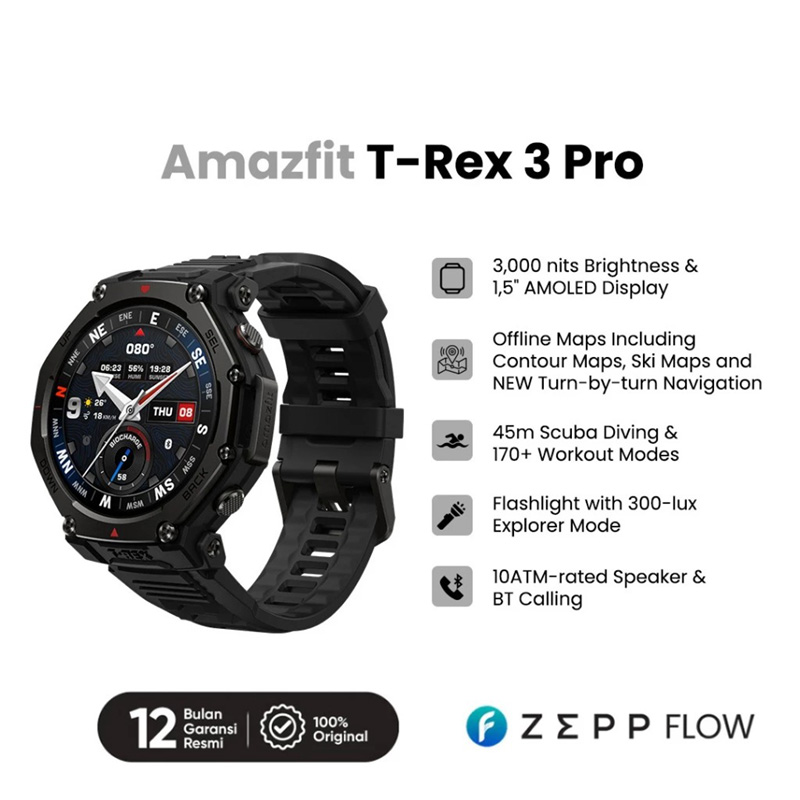 Amazfit Jam Tangan Unisex Amazfit T-Rex 3 Pro Tactical Black W2444OV1N Smartwatch 48mm GPS AMOLED Sa