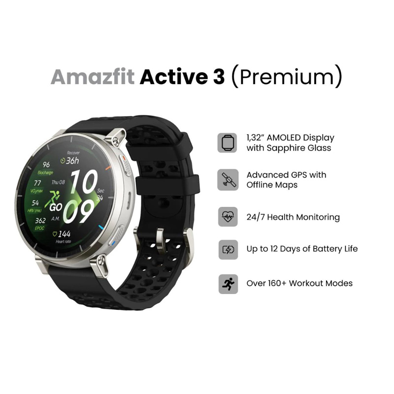 Amazfit Jam Tangan Unisex Amazfit Active 3 Premium A2559-SILVER Smartwatch 45mm AMOLED Apex Silver B