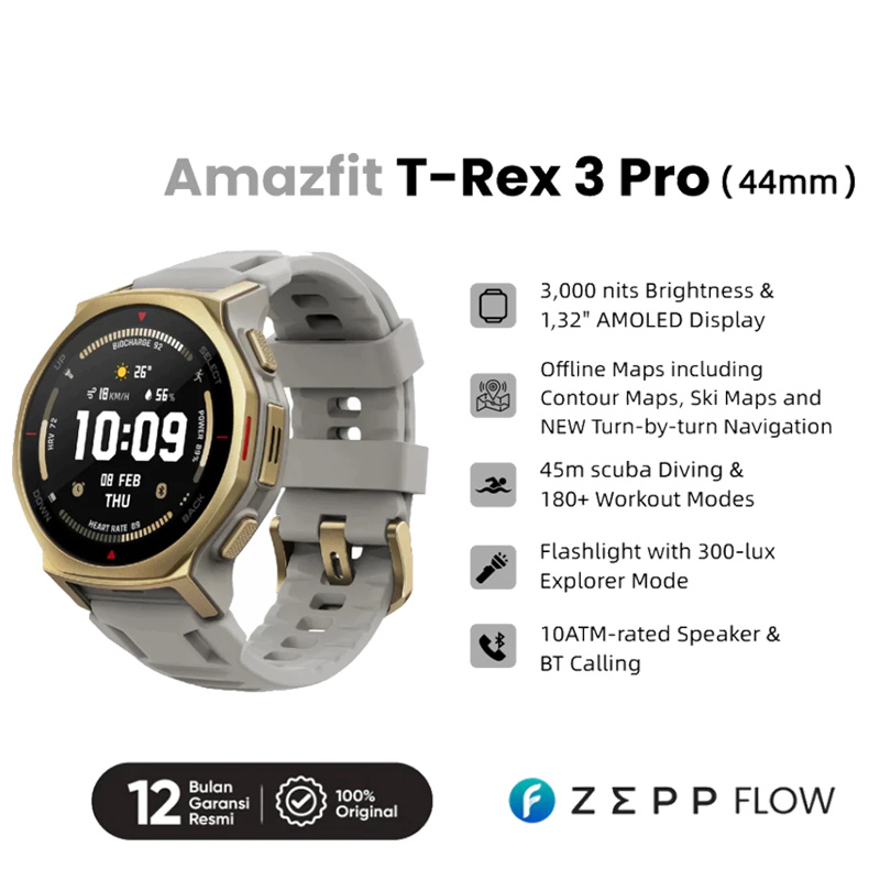 Amazfit Jam Tangan Unisex Amazfit T-Rex 3 Pro Artic Gold W2549GL2N Smartwatch 44mm GPS AMOLED Sapphi