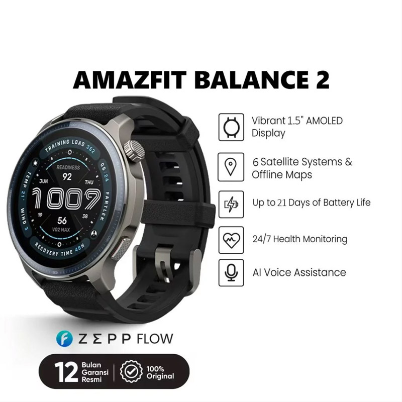 Amazfit Jam Tangan Unisex Amazfit Balance 2 W2430GL1N Smartwatch 47mm 1.5 Inch Maps with GPS Black S
