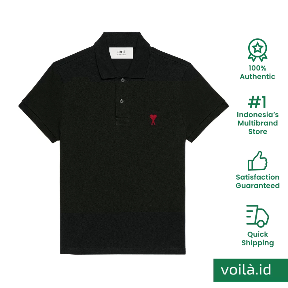 AMI Paris Red Ami De Coeur Polo Shirt Black