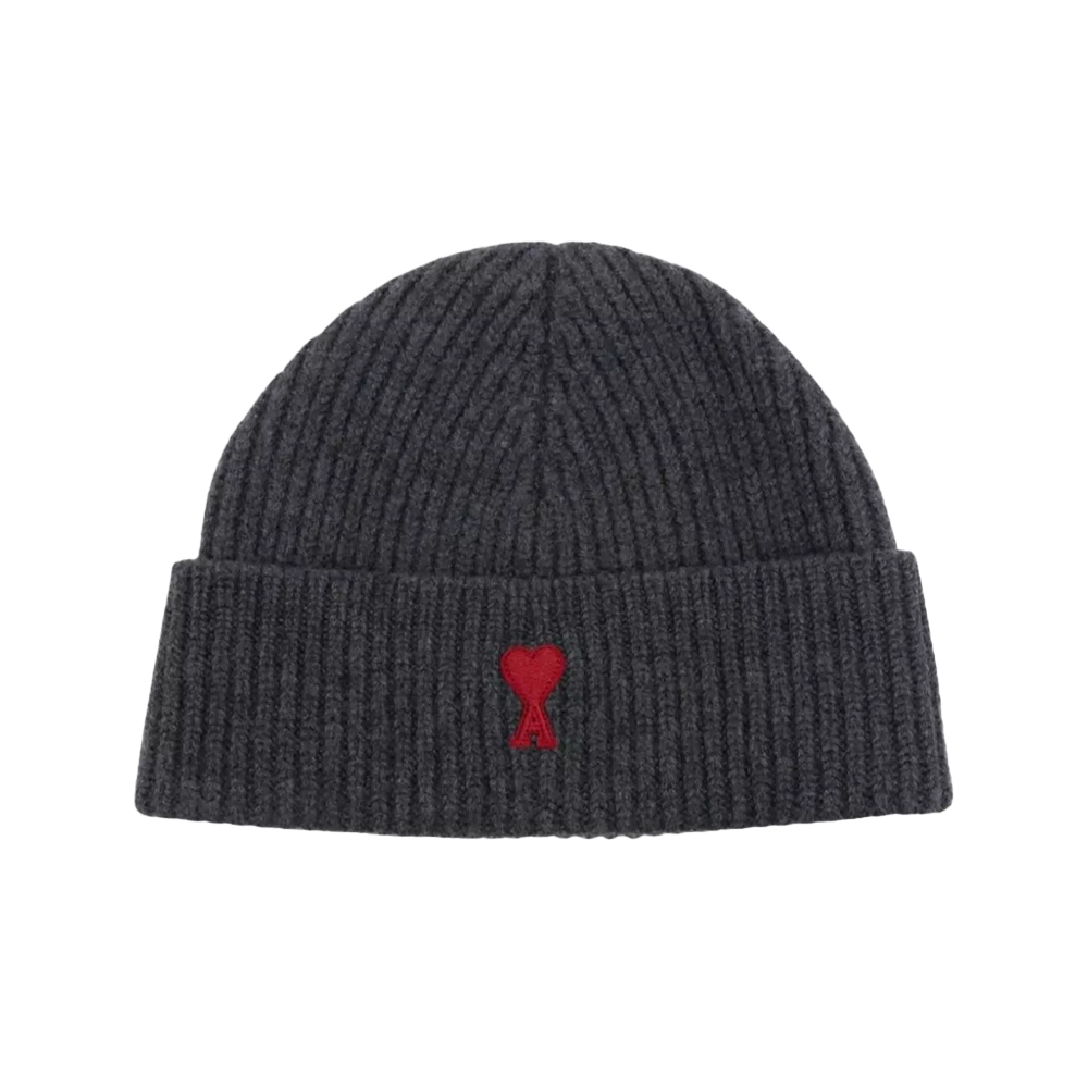 AMI Paris Red Ami De Coeur Felted Merino Wool Beanie Grey