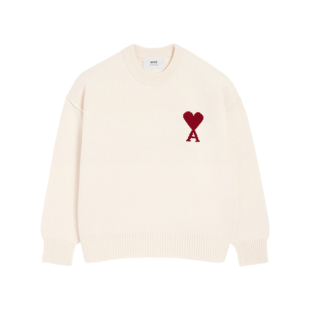 AMI Paris Red Ami De Coeur Inside Out Seams Crewneck Sweatshirt Off-White