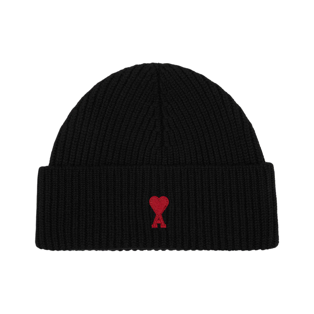 AMI Paris Red Ami De Coeur Felted Merino Wool Beanie Black
