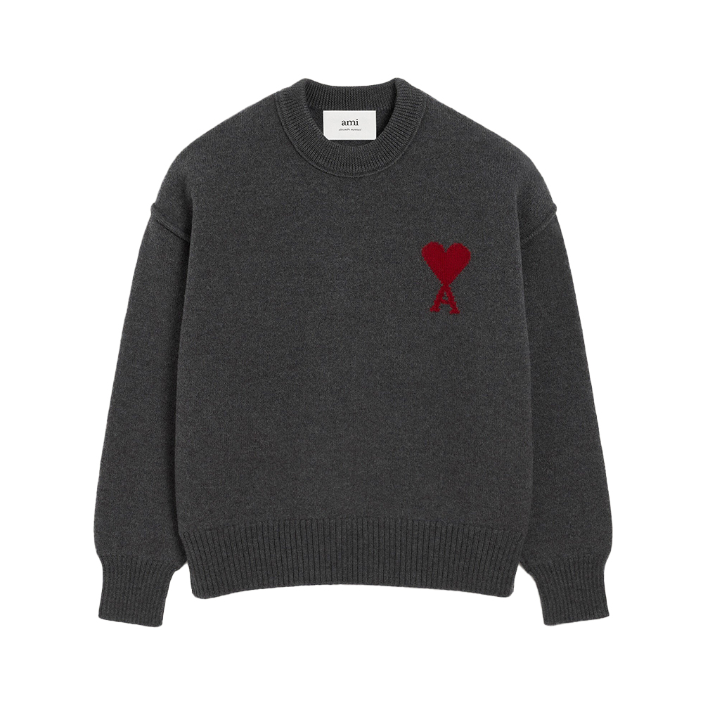AMI Paris Red Ami De Coeur Inside Out Seams Crewneck Sweatshirt Grey