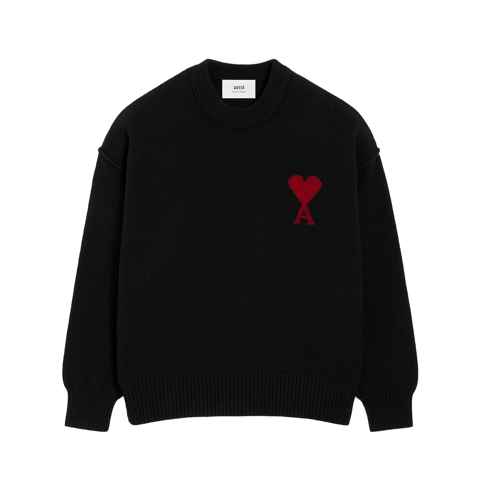AMI Paris Red Ami De Coeur Inside Out Seams Crewneck Sweatshirt Black