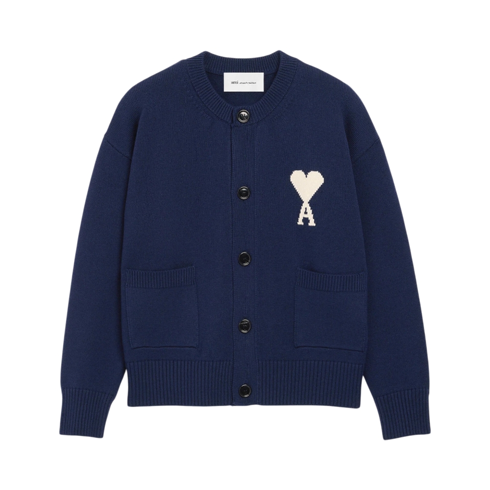 AMI Paris Ami De Coeur Wool Crewneck Cardigan Ink/Off White