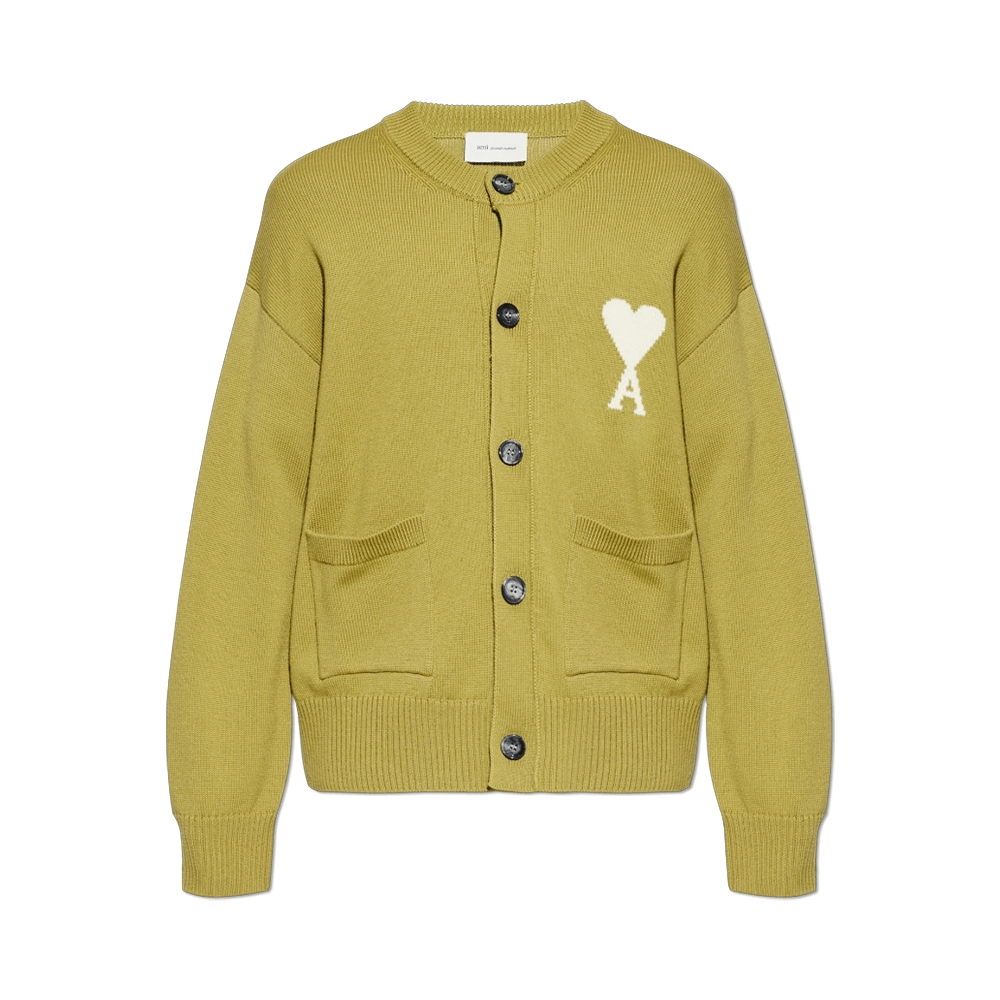 AMI Paris Ami De Coeur Wool Crewneck Cardigan Matcha/Off White