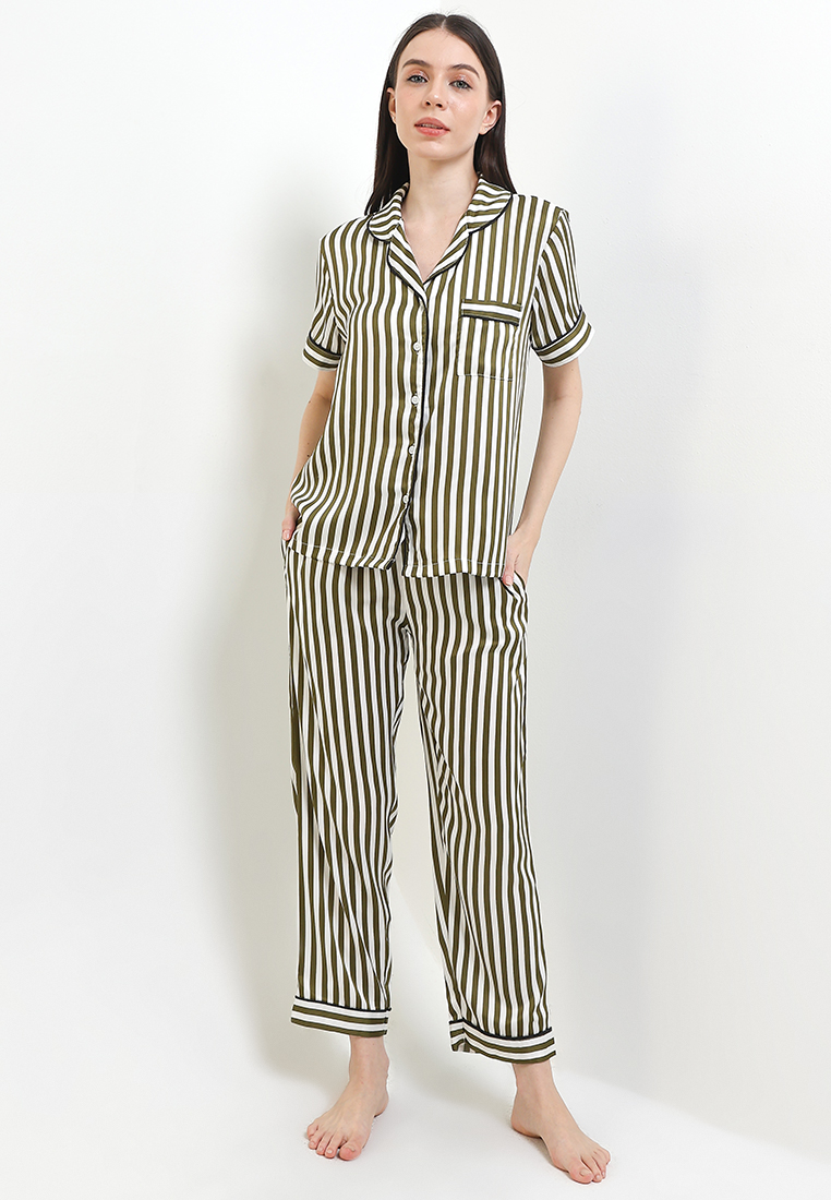 Anne Wintours Piyama Pyjama Baju Tidur Satin Silk Berkantong Short Sleeve Long Pants Kantong Celana 