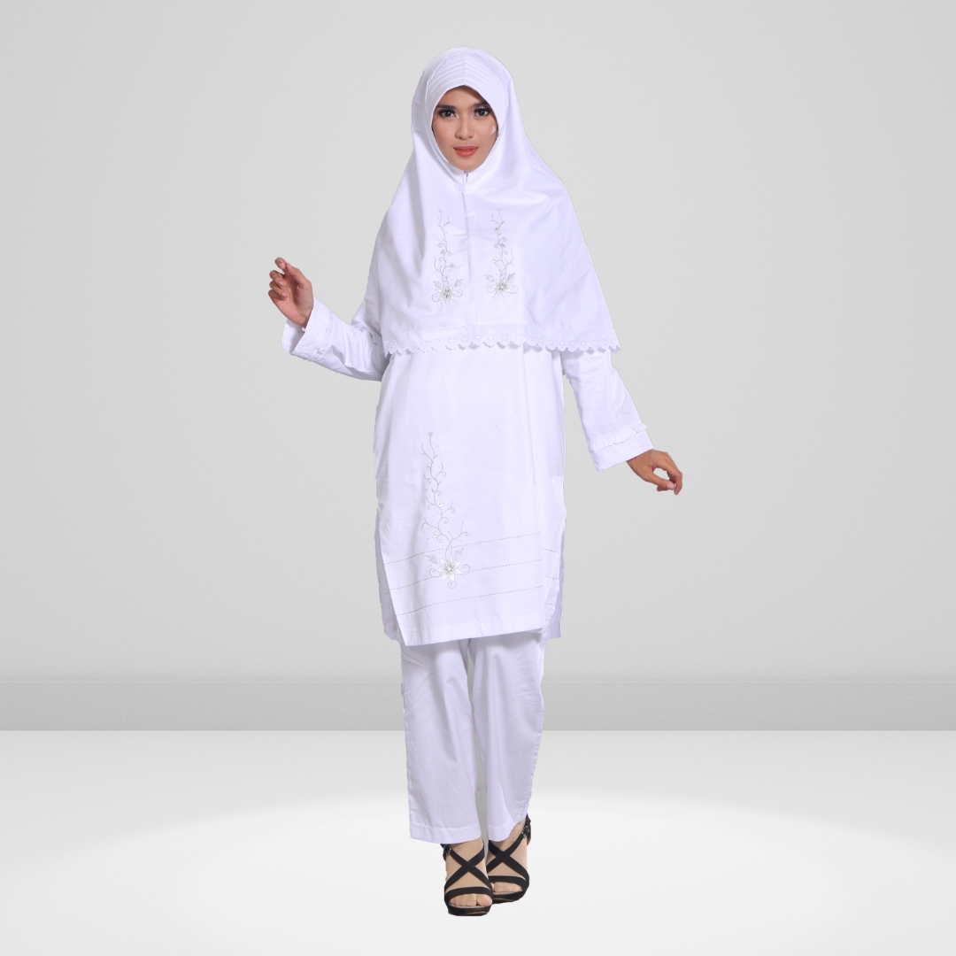 Arafah Setelan Tunik Wanita Ihrom Haji Umroh IH Melati White Putih