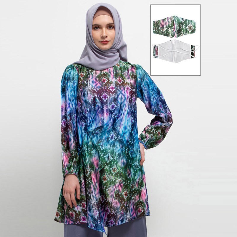 AZZAR Kiera Tunic In Blue Green Print W/Mask