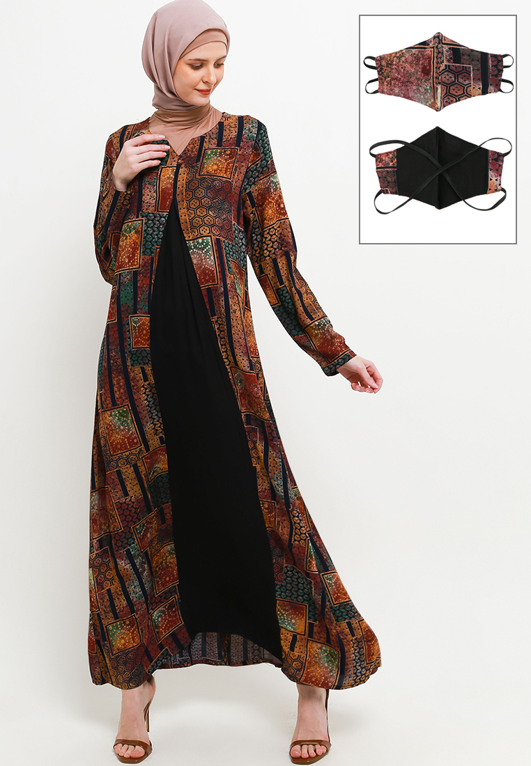 AZZAR Mahira Maxi Dress In Green Black Print W/ Mask