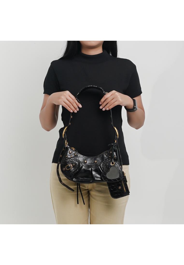 BALENCIAGA Tas BALENCIAGA CAGOLE CROCO GHW BLACK SHOULDER BAG EXTRA SMALL 100% ORIGINAL