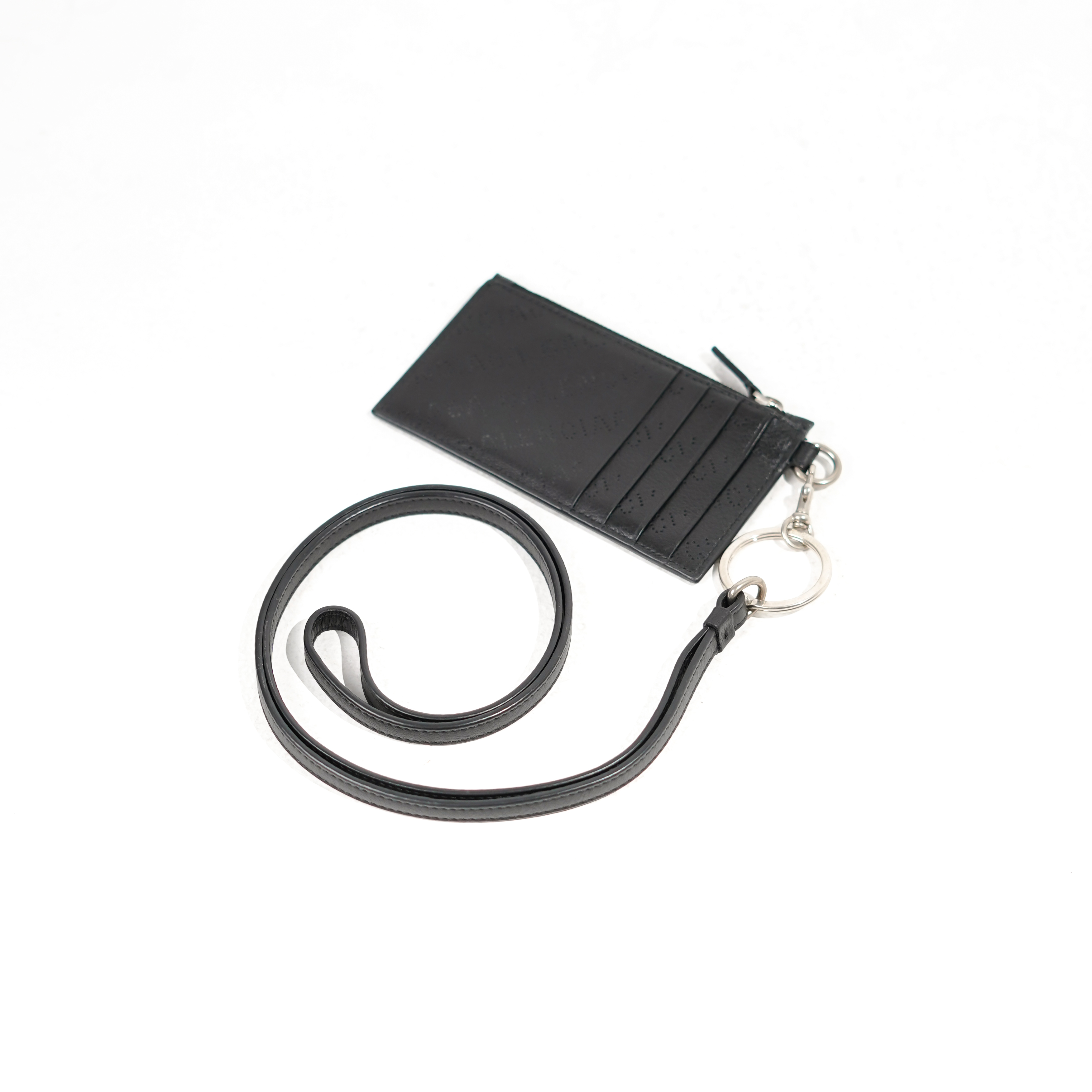 Balenciaga Lanyard BALENCIAGA ALL OVER TEXT DOTTED EMBOSSED BLACK LEATHER ZIP CARD LANYARD 100% ORIG