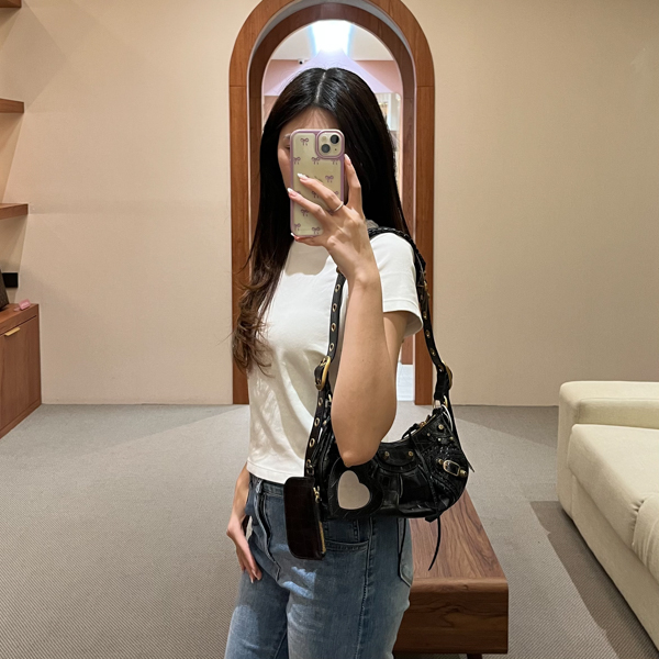 BALENCIAGA Tas BALENCIAGA CAGOLE CROCO GHW BLACK SHOULDER BAG EXTRA SMALL 100% ORIGINAL