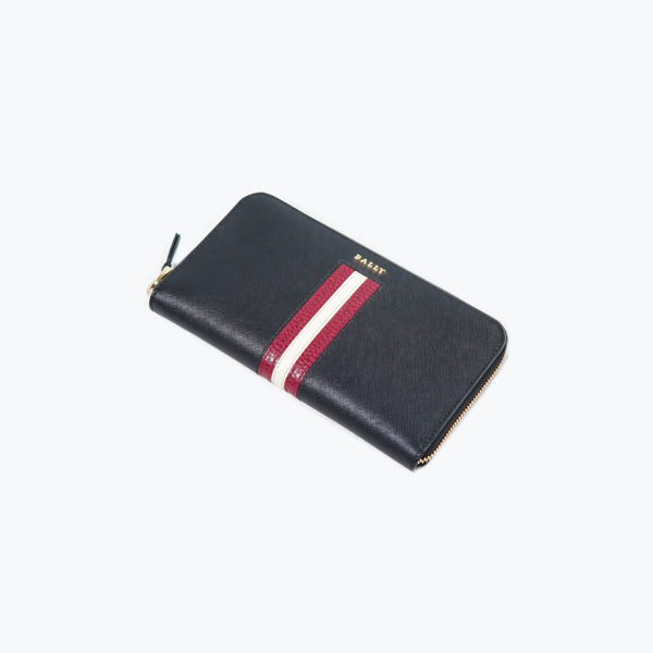 BALLY Dompet BALLY SORISSA STRIPE RED BLACK LEATHER ZIP LONG WALLET 100% ORIGINAL