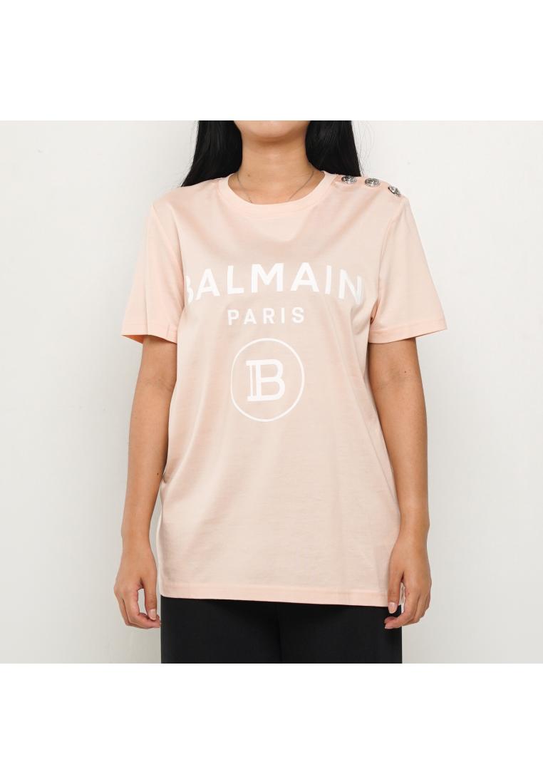 Balmain Kaos BALMAIN FLOCKED SILVER TEXT WHITE PINK TSHIRT 100% ORIGINAL