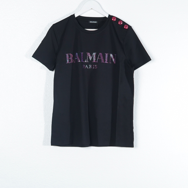 Balmain Kaos BALMAIN FLOCKED RED TEXT RHINESTONE MULTI BLACK TSHIRT 100% ORIGINAL