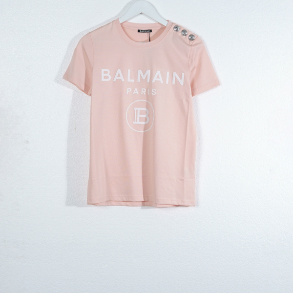 Balmain Kaos BALMAIN FLOCKED SILVER TEXT WHITE PINK TSHIRT 100% ORIGINAL