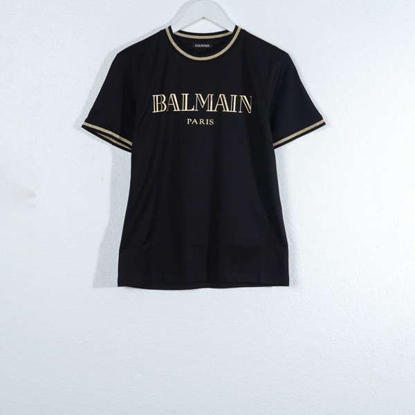 Balmain Kaos BALMAIN TEXT GOLD TIPPED COLLAR SLEEVE BLACK TSHIRT 100% ORIGINAL