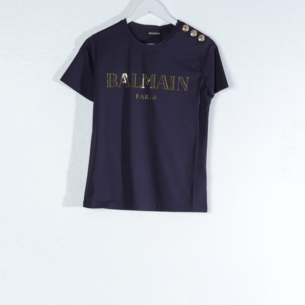 Balmain Kaos BALMAIN FLOCKED TEXT OUTLINE GOLD NAVY TSHIRT 100% ORIGINAL