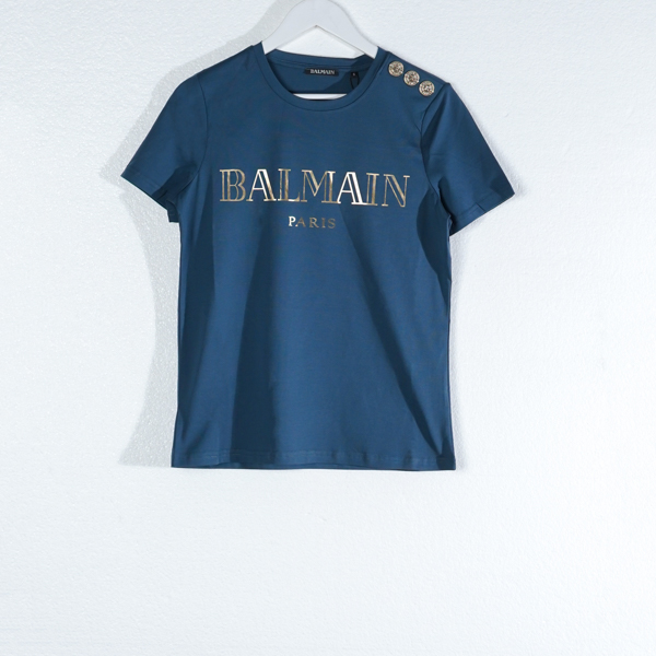 Balmain Kaos BALMAIN FLOCKED TEXT OUTLINE GOLD DARK BLUE TSHIRT 100% ORIGINAL