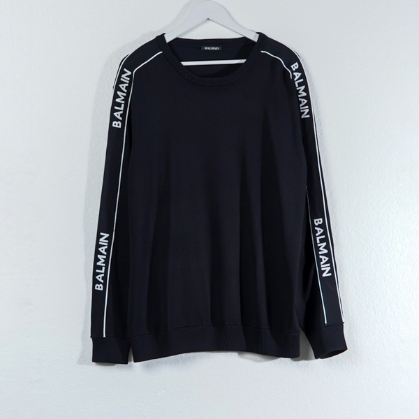 Balmain Sweater BALMAIN BAND TAPE TEXT SHOULDER WHITE BLACK SWEATSHIRT 100% ORIGINAL