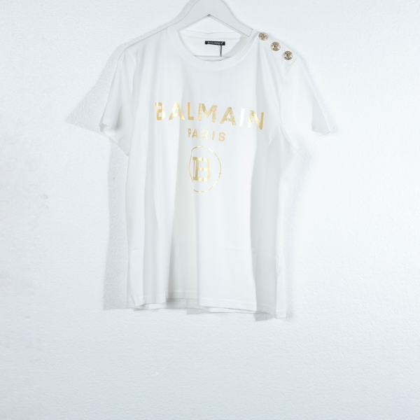 Balmain Kaos BALMAIN B CIRCLE LOGO GOLD FLOCKED WHITE TSHIRT 100% ORIGINAL