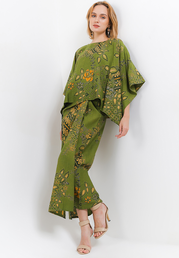 Setelan Batik Wanita One Set Doby Motif Daun Kemangi Hijau / Baju Kondangan / Pesta / Baju Kantor