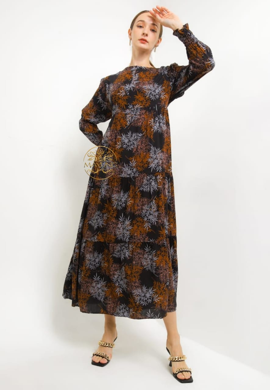 Batik Mayung Dress Smok Susun V2 Coklat Tua | Gamis | Long Dress Modern Premium MYA