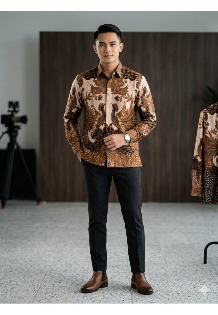 Batik Talenta Exclusive Pria Lengan Panjang - Motif Kawung Coklat, Nyaman Dipakai, Jahitan Rapi, BAT