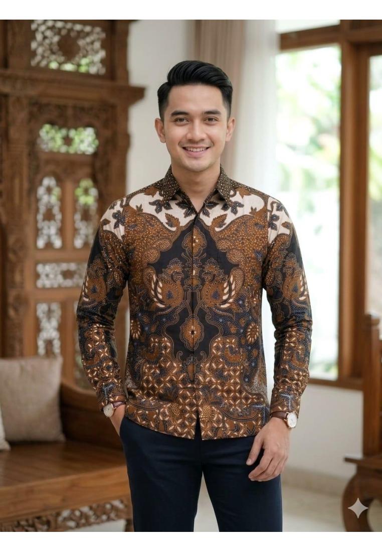 Batik Talenta Exclusive Pria Lengan Panjang - Motif Kawung Coklat, Nyaman Dipakai, Jahitan Rapi, BAT