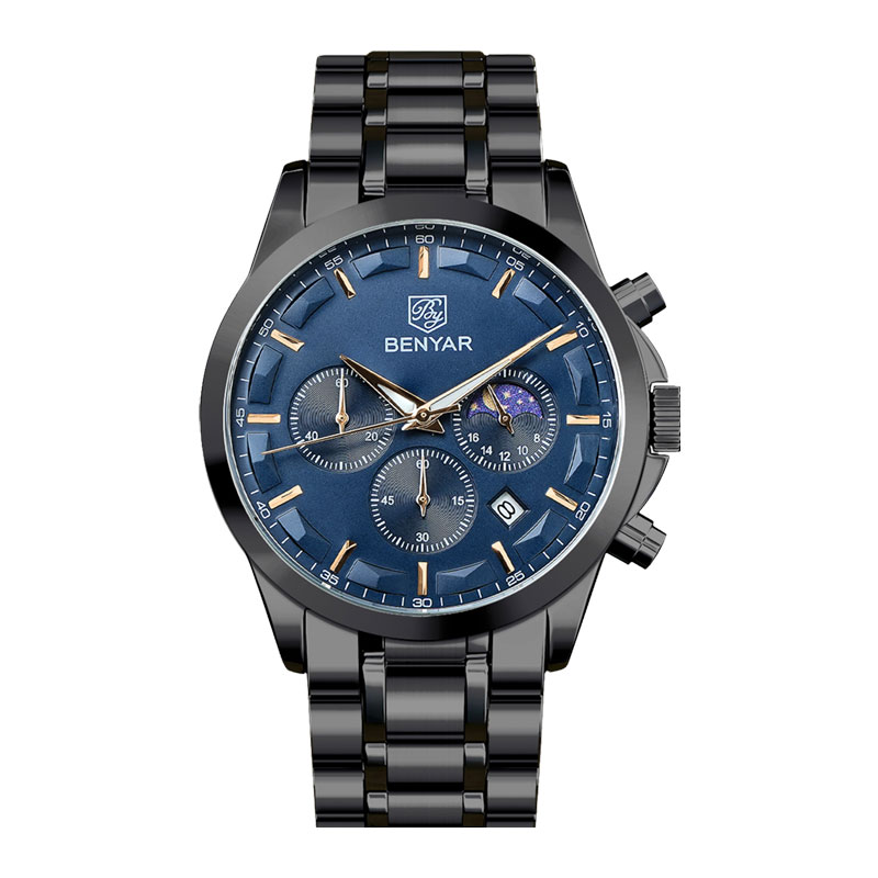 Benyar Jam Tangan Pria Benyar BY-5160SS-BLKBLU Chronograph Blue Dial Black Stainless Steel Strap Qua