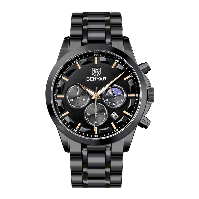 Benyar Jam Tangan Pria Benyar BY-5160SS-BLKBLK Chronograph Black Dial Black Stainless Steel Strap Qu