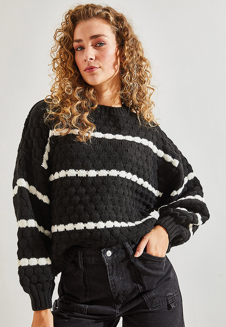 Bianco Lucci Striped Honeycomb Knit Sweater