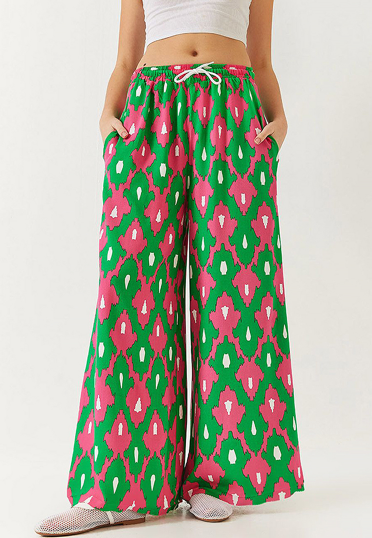 Bianco Lucci Patterned Elastic Waist Laced Pocket Casual Palazzo Pants