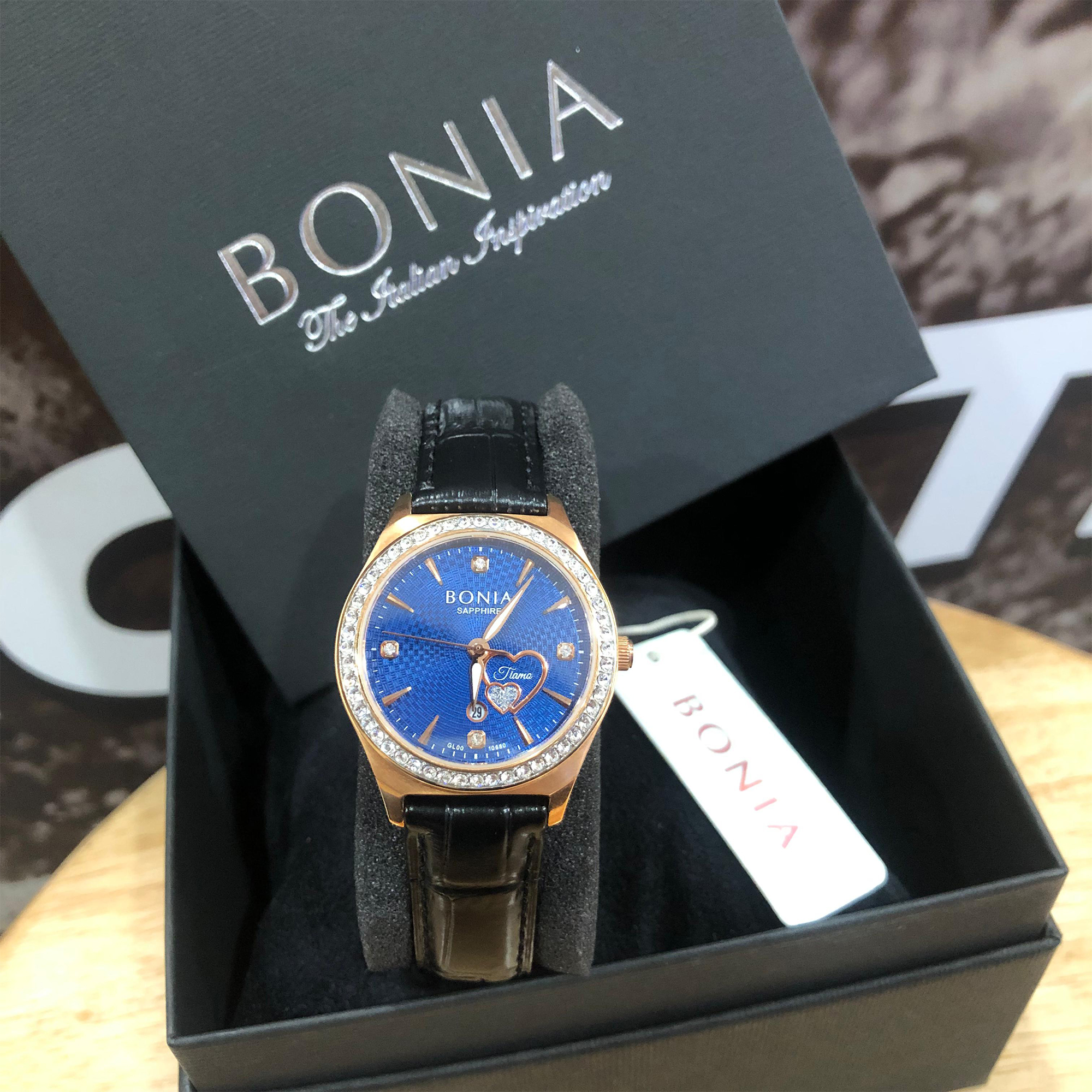 Bonia Tiamo - Jam Tangan Analog Wanita Sapphire Glass - Blue Dial - Rose Gold Case - Black Leather S