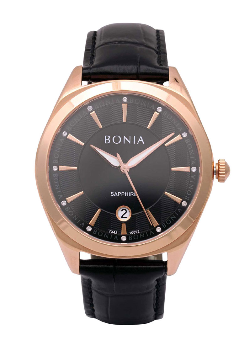 Bonia Jam Tangan Pria - Black Rosegold - Leather Strap - B10622-1532